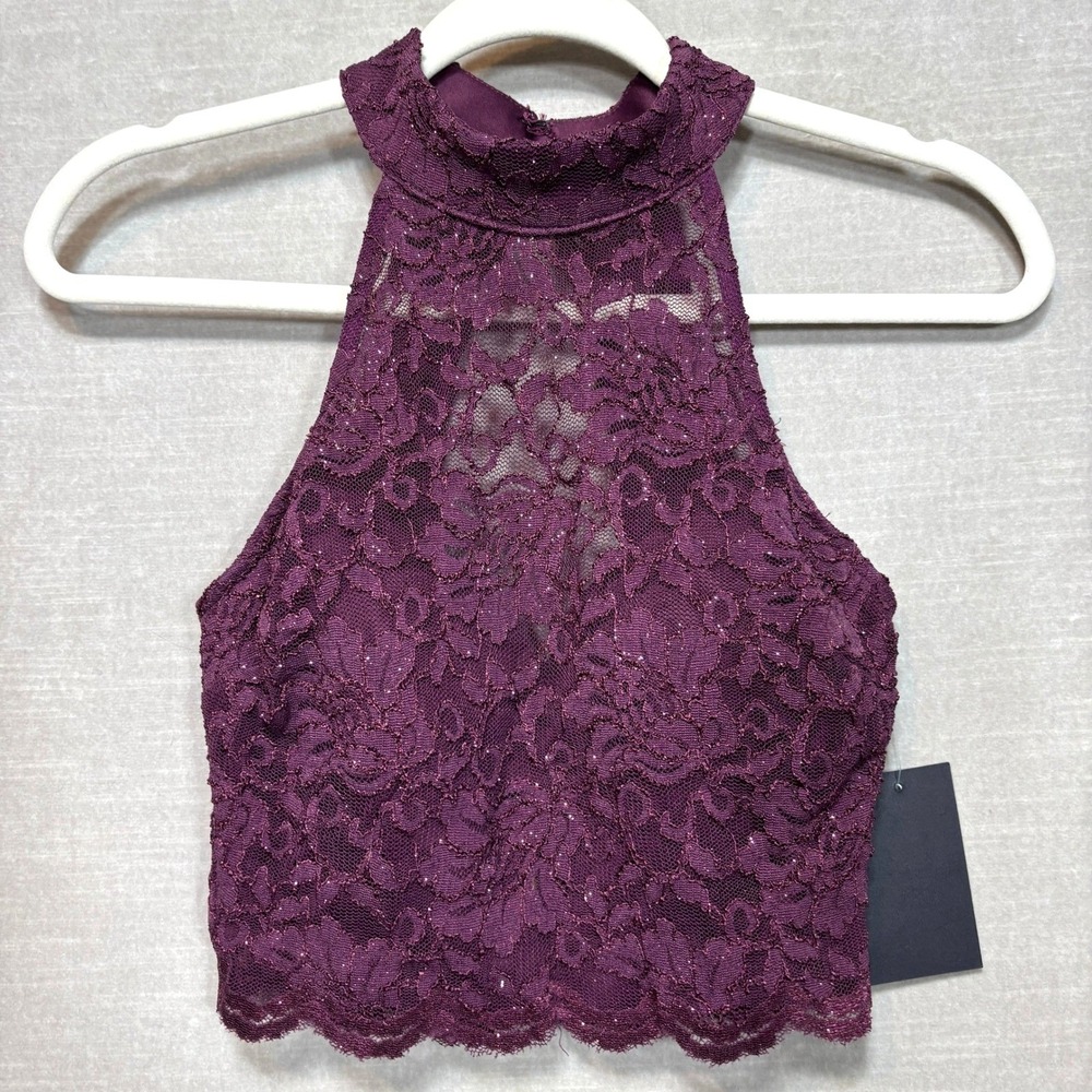 City Triangles Halter Crop Top Womens Juniors 5 Purple Lace Glitter NWT
